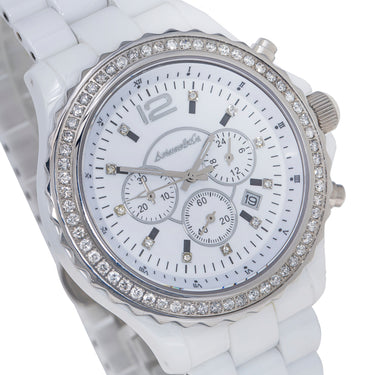 Avianne&Co Unisex Ceramic Stainless Steel White Chrono Diamond Watch 1.60 Ctw