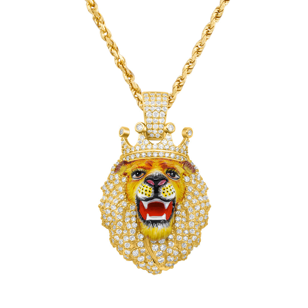 14K Yellow Gold & Diamond with Enamel Lion Face Pendant 2.90ctw