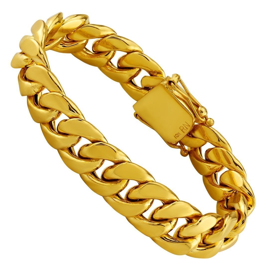 10K Hollow Yellow Gold Mens Cuban Bracelet 15 mm