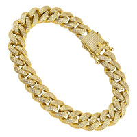 Thumbnail for 18k Yellow Gold Plated Silver Mens Lab Created Stones Cuban Link Bracelet 12 mm
