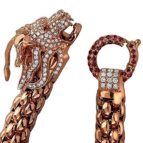 14K Solid Rose Gold Custom Design Diamond Lion Head Ruby Bracelet 2.50 Ctw