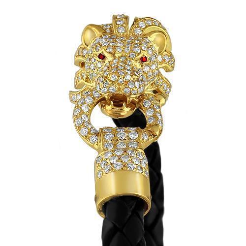 14K Solid Yellow Gold Custom Design Diamond Lion Head Rubber Bracelet 2.50 Ctw