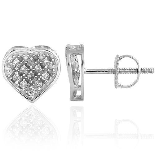 White 10K White Solid Gold Womens Classy Heart Earrings With White Diamonds 0.10 Ctw