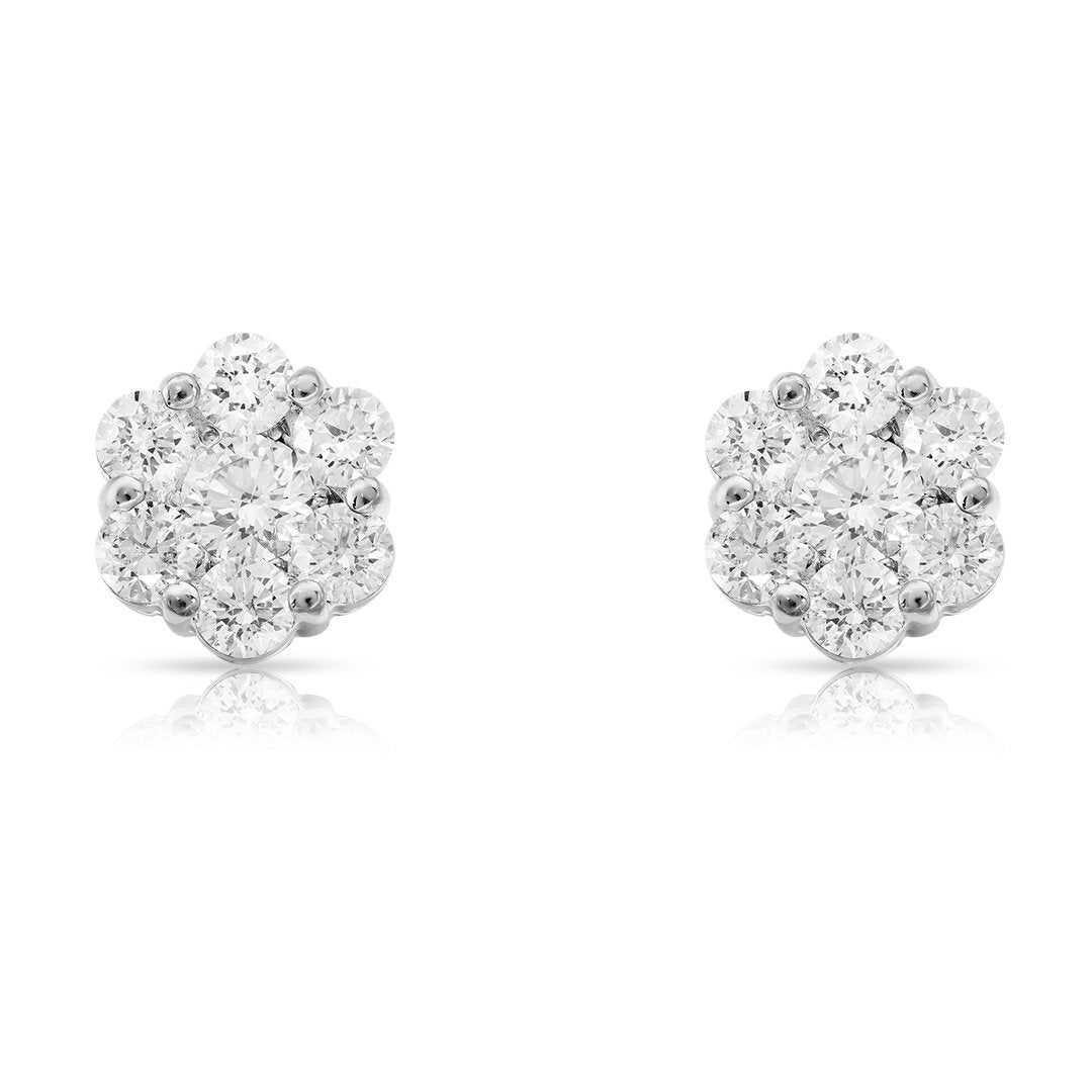 White 14K Solid White Gold Diamond Cluster Stud Earrings 1.15 Ctw