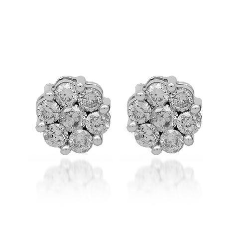 White 14K Solid White Gold Diamond Cluster Stud Earrings 2.05 Ctw