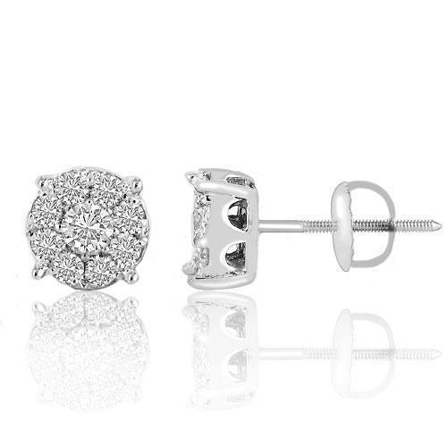 White 14K White Solid Gold Round Cut Diamond Cluster Earrings 0.81 Ctw