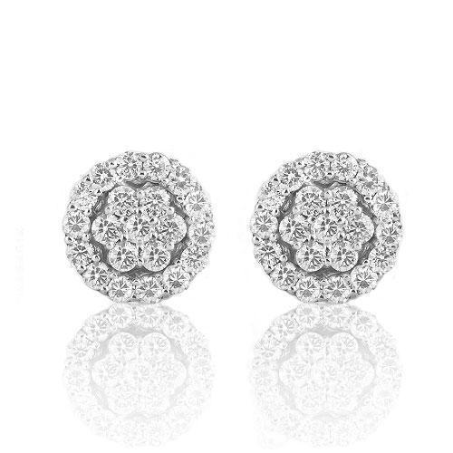 White 14K White Solid Gold Round Cut Diamond Cluster Earrings 0.87 Ctw