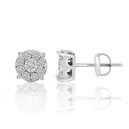 White 14K White Solid Gold Round Cut Diamond Cluster Earrings 0.91 Ctw