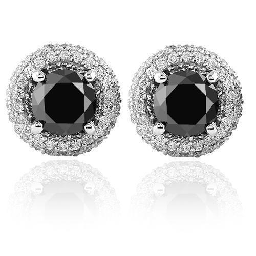 14K White Solid Gold Unisex Diamond Four Prong Stud Earrings With Black Diamonds 1.55 Ctw