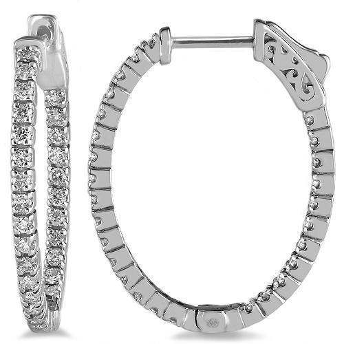White 14K White Solid Gold Womens Diamond Hoop Earrings 1.02 Ctw