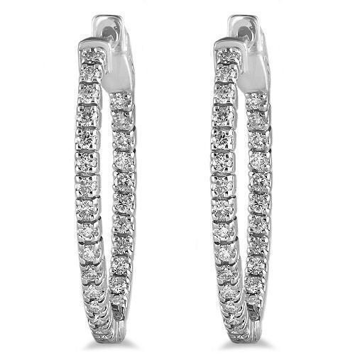 White 14K White Solid Gold Womens Diamond Hoop Earrings 1.02 Ctw