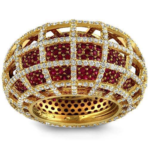 Irresistible 18K Solid Yellow Gold Diamond Grid Design Ruby Eternity Ring 7.50 Ctw