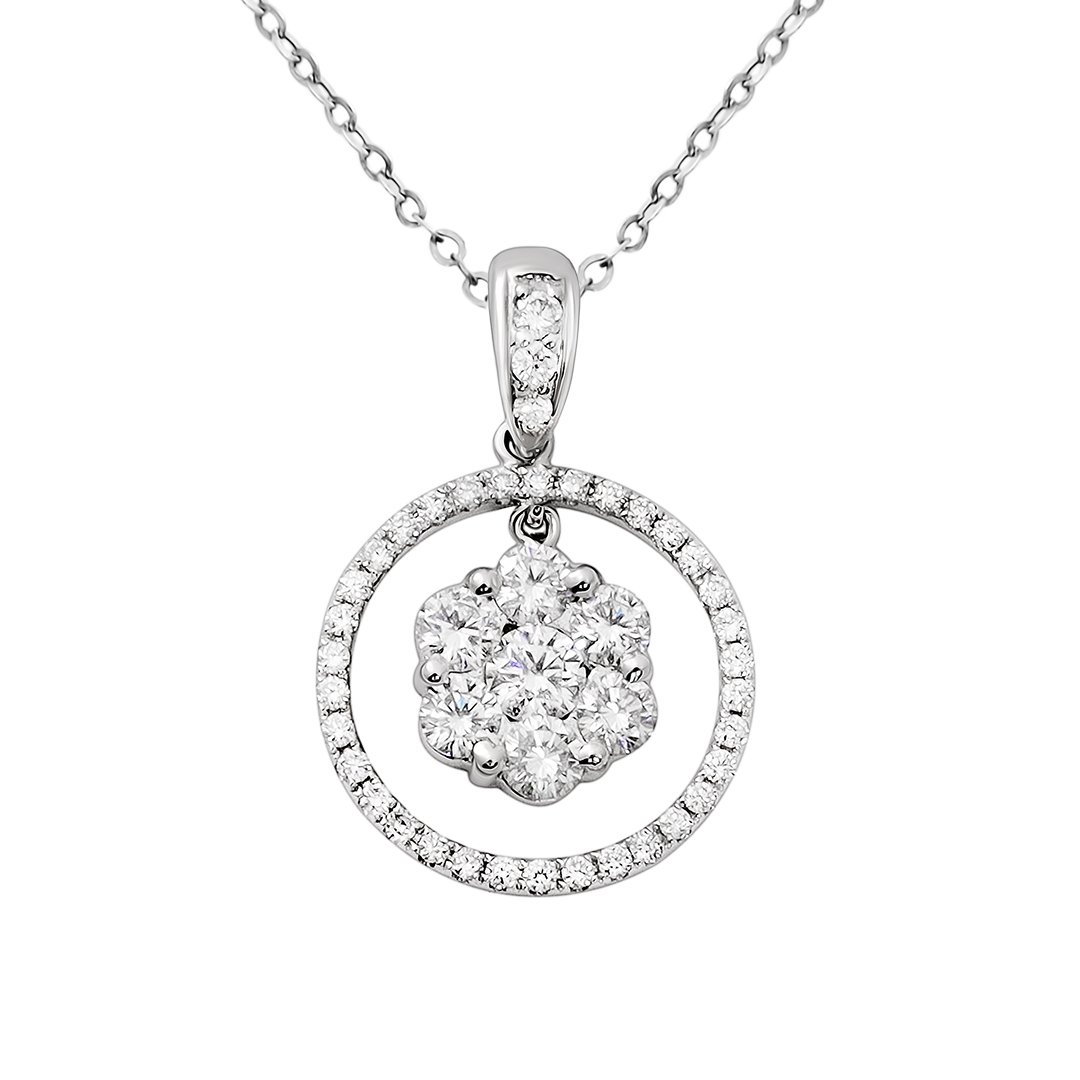 DIAMOND CLUSTER NECKLACE IN 18K WHITE GOLD 0.89 CTW