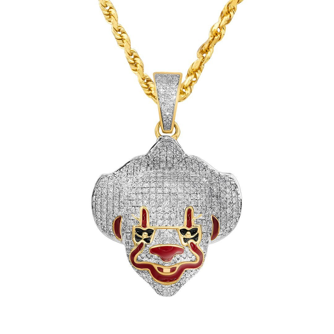 Yellow and White 10K Two Tone Gold Diamond Pennywise Clown Mask Pendant 0.84 Ctw
