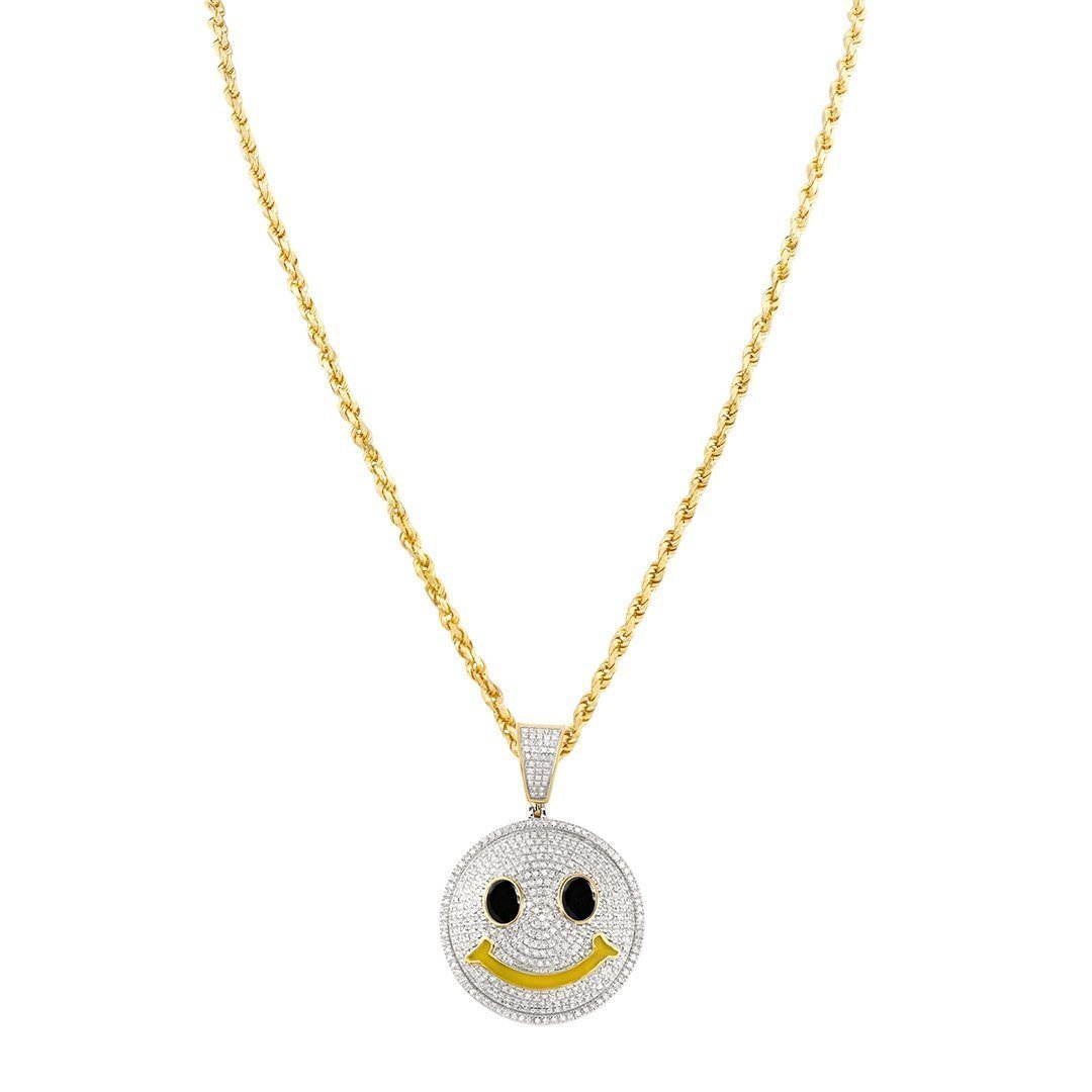 White, Yellow 10k Two Tone Gold Diamond Smile Face Emoji Pendant 0.75 Ctw