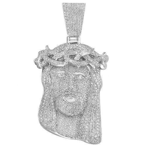 14K Solid White Gold Mens Jesus Head Pendant With Round Cut Diamonds 18.20 Ctw