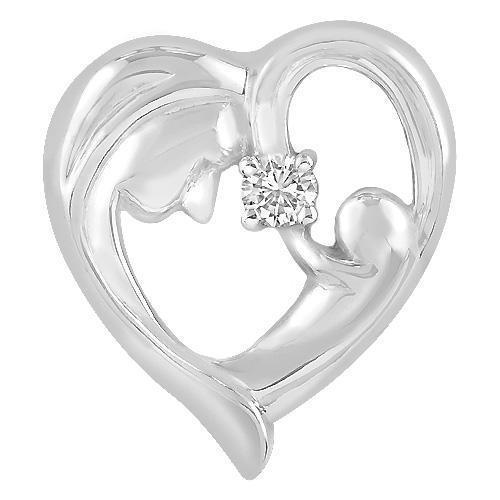 White 14K Solid White Gold Open Heart with Silhouette of A Mother and A Baby Diamond Pendant 0.20 Ctw