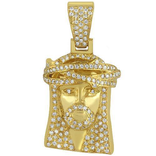 14K Solid Yellow Gold Mens Jesus Head Pendant With Round Cut Diamonds 1.25 Ctw
