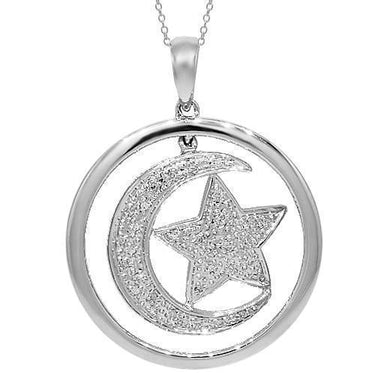 White 14K White Solid Gold Diamond Moon and Star Pendant 0.10 Ctw
