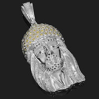 Thumbnail for 14K White Solid Gold Mens Diamond Jesus Head Pendant with Black and Yellow Diamonds 3.50 Ctw