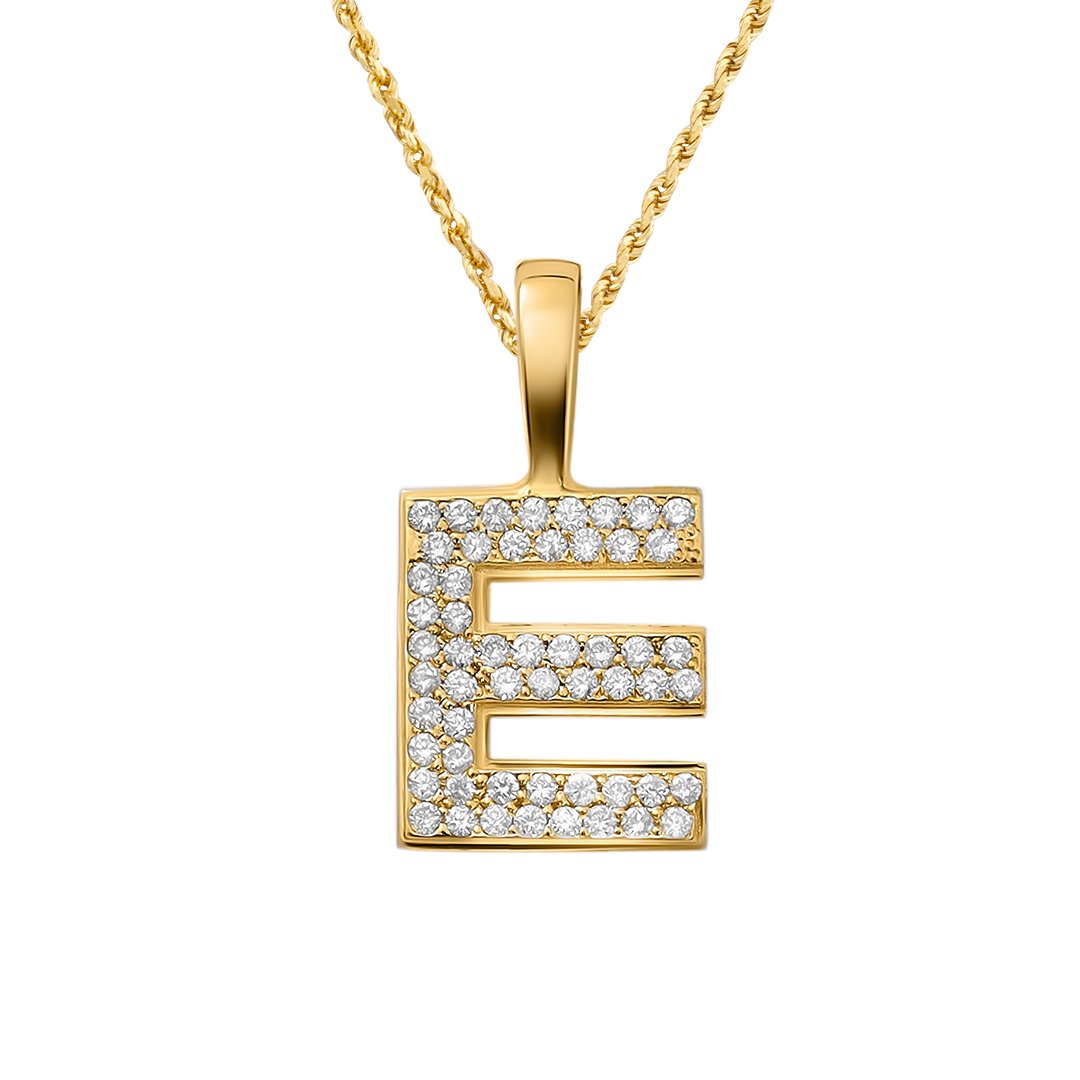 yellow 14k yellow gold diamond letter E pendant
