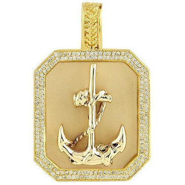 14K Yellow Solid Gold Mens Diamond Custom Made Anchor Dog Tag Pendant 1.50 Ctw