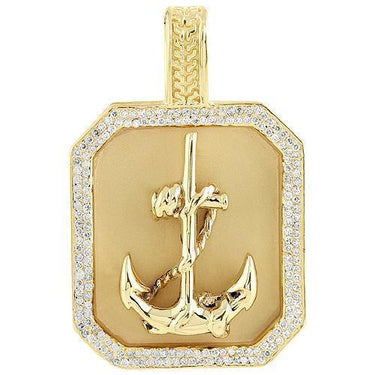 14K Yellow Solid Gold Mens Diamond Custom Made Anchor Dog Tag Pendant 1.50 Ctw