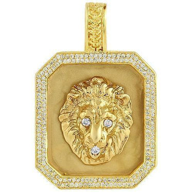 14K Yellow Solid Gold Mens Diamond Custom Made Lion Dog Tag Pendant 1.50 Ctw