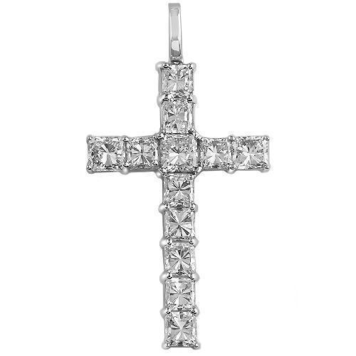 18K White Solid Gold Cross Pendant with Princess Cut Diamonds 4.75 Ctw