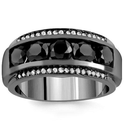 14K Solid Gold Black Rhodium Plated Mens Diamond Ring with White and Black Diamonds 3.50  Ctw