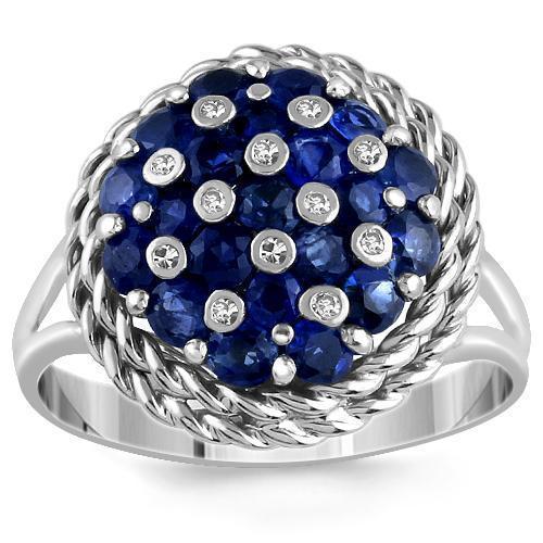 14K Solid White Gold Womens Diamond Ring with Blue Sapphires 1.12 Ctw
