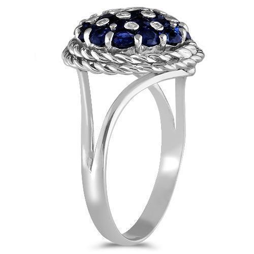 14K Solid White Gold Womens Diamond Ring with Blue Sapphires 1.12 Ctw