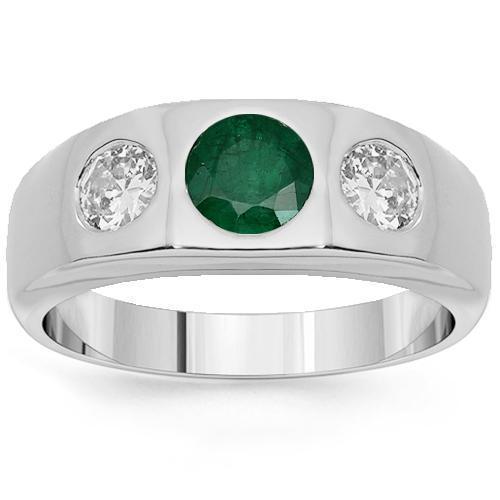 14K White Solid Gold Mens Diamond Emerald Pinky Ring 2.15 Ctw