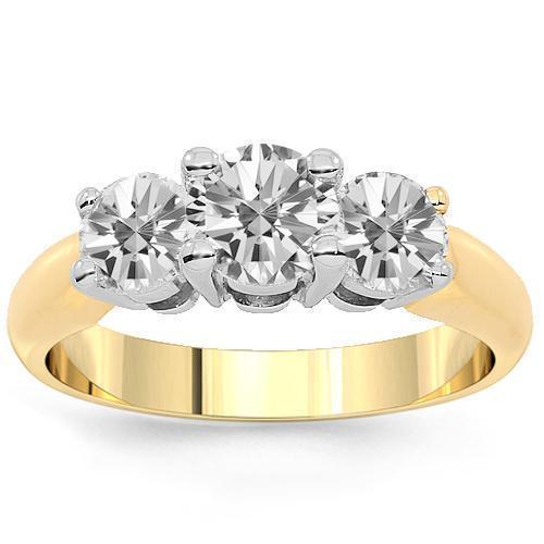 14K Yellow Solid Gold Three Stone Diamond Engagement Ring 1.10 Ctw