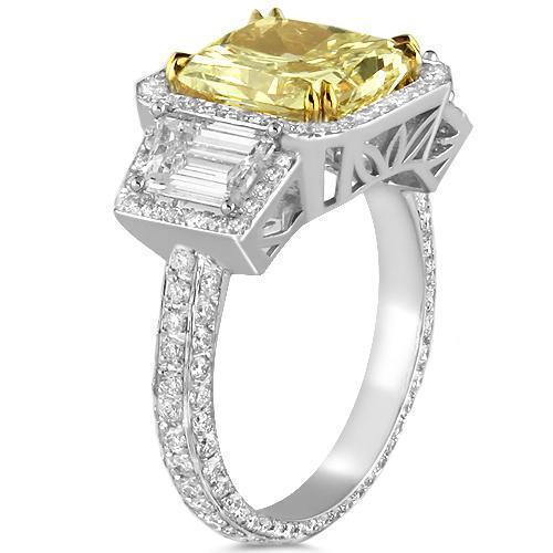 18K White Solid Gold GIA Certified Diamond Womens Ring With Natural Fancy Yellow Radiant Cut Diamond 5.50 Ctw