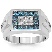 Thumbnail for 18K White Solid Gold Mens Diamond Pinky Ring with Blue Diamonds 2.75 Ctw