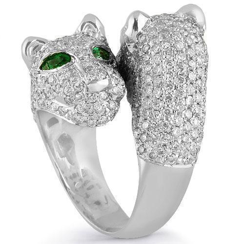 18K White Solid Gold Womens Diamond Emerald Tiger Animal Ring  4.80 Ctw