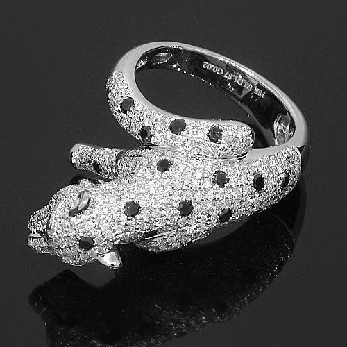 18K White Solid Gold Womens Diamond Panther Ring with Black Diamonds 1.89 Ctw