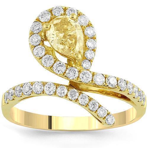 18K Yellow Solid Gold Womens Diamond Petite Pave Ring With Yellow Center Diamond 1.42 Ctw