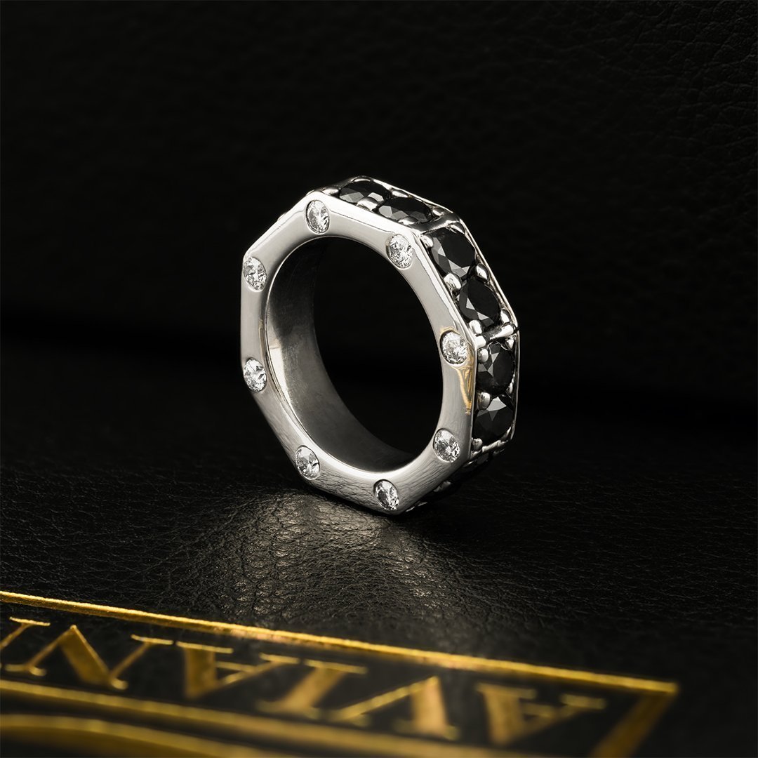 Diamond 14k White Gold Black Diamond Octagon Ring 6.50 Ctw