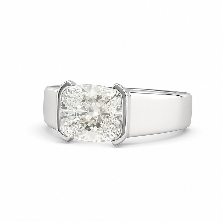 14K Gold Cushion Cut Lab Diamond Men's Half Bezel Ring 3.06 CTW