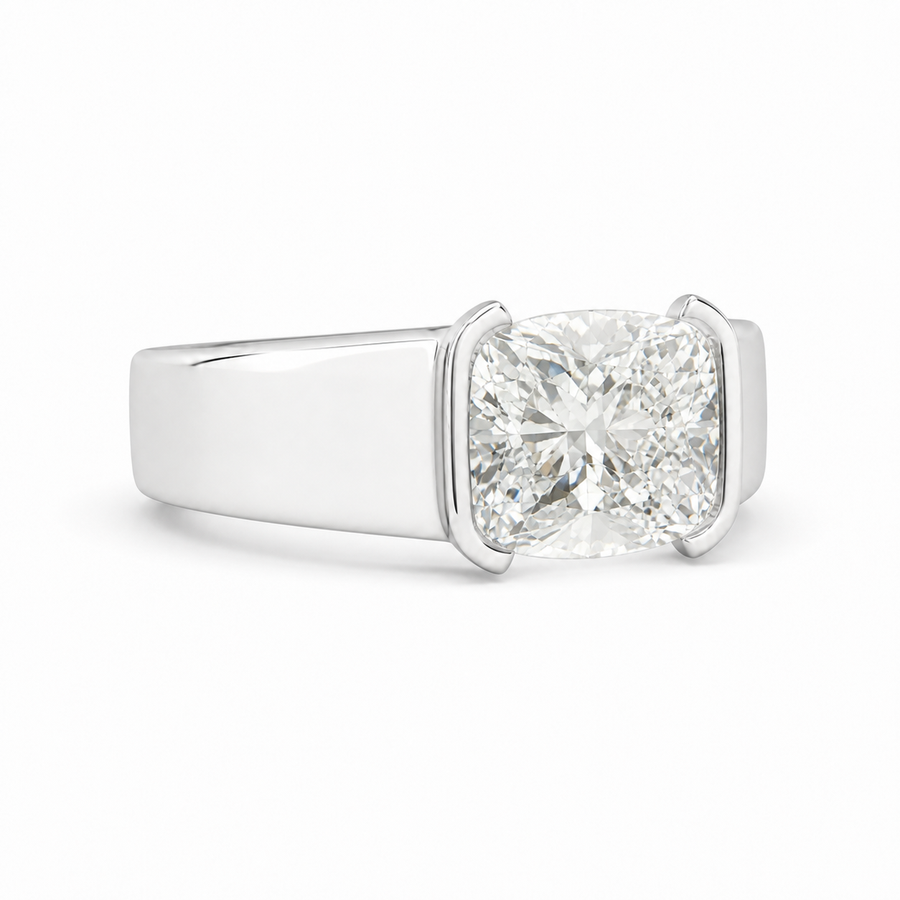 14K Gold Cushion Cut Lab Diamond Men's Half Bezel Ring 3.06 CTW