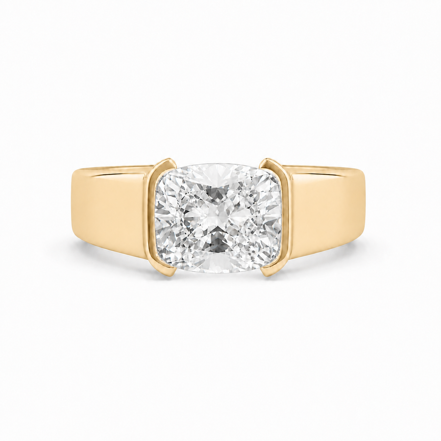 14K Gold Cushion Cut Lab Diamond Men's Half Bezel Ring 3.06 CTW