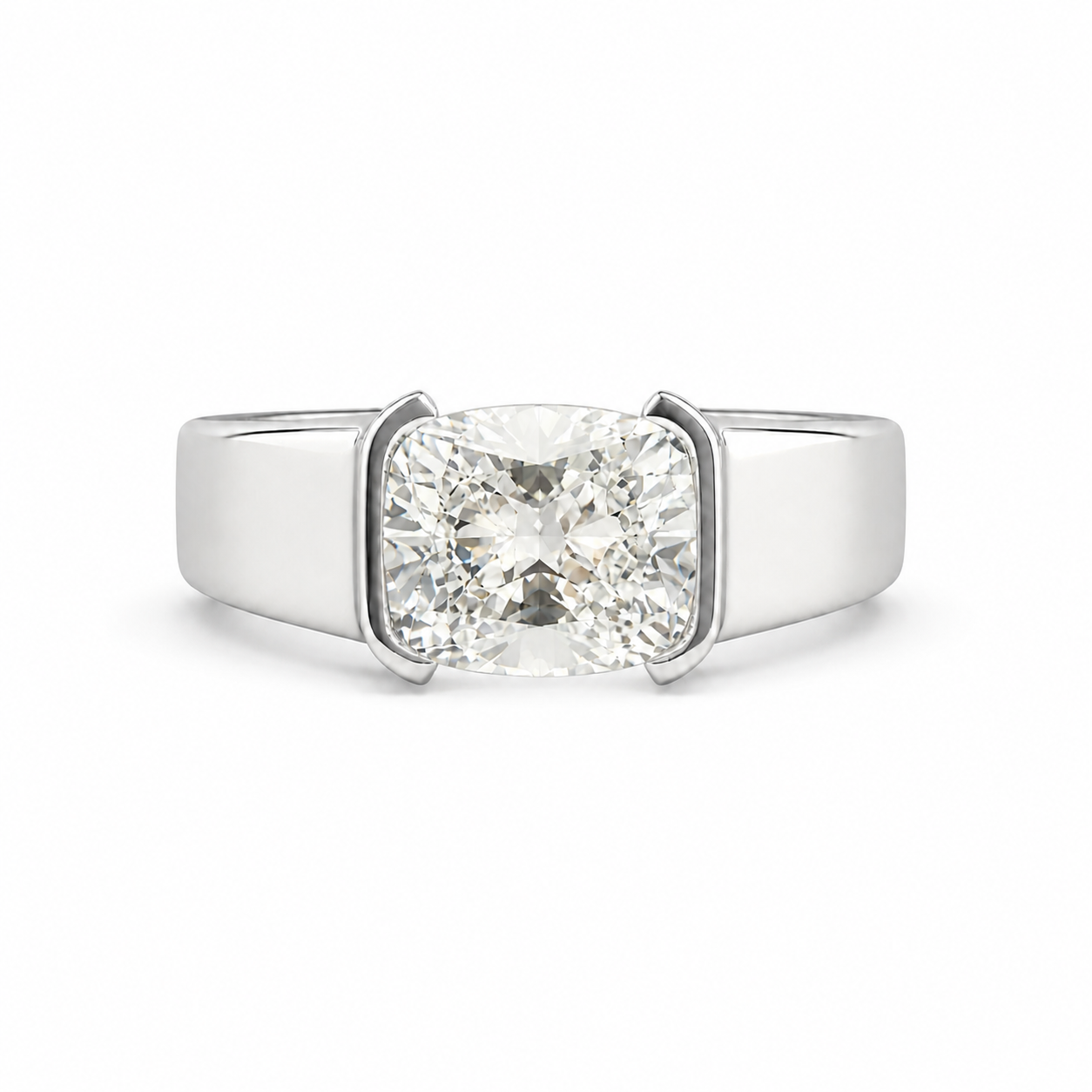 14K Gold Cushion Cut Lab Diamond Men's Half Bezel Ring 3.06 CTW