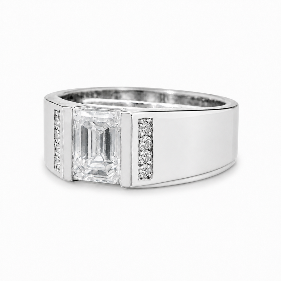 14K Gold Emerald Cut Lab Diamond Men's Ring with Pavé 1.56 CTW