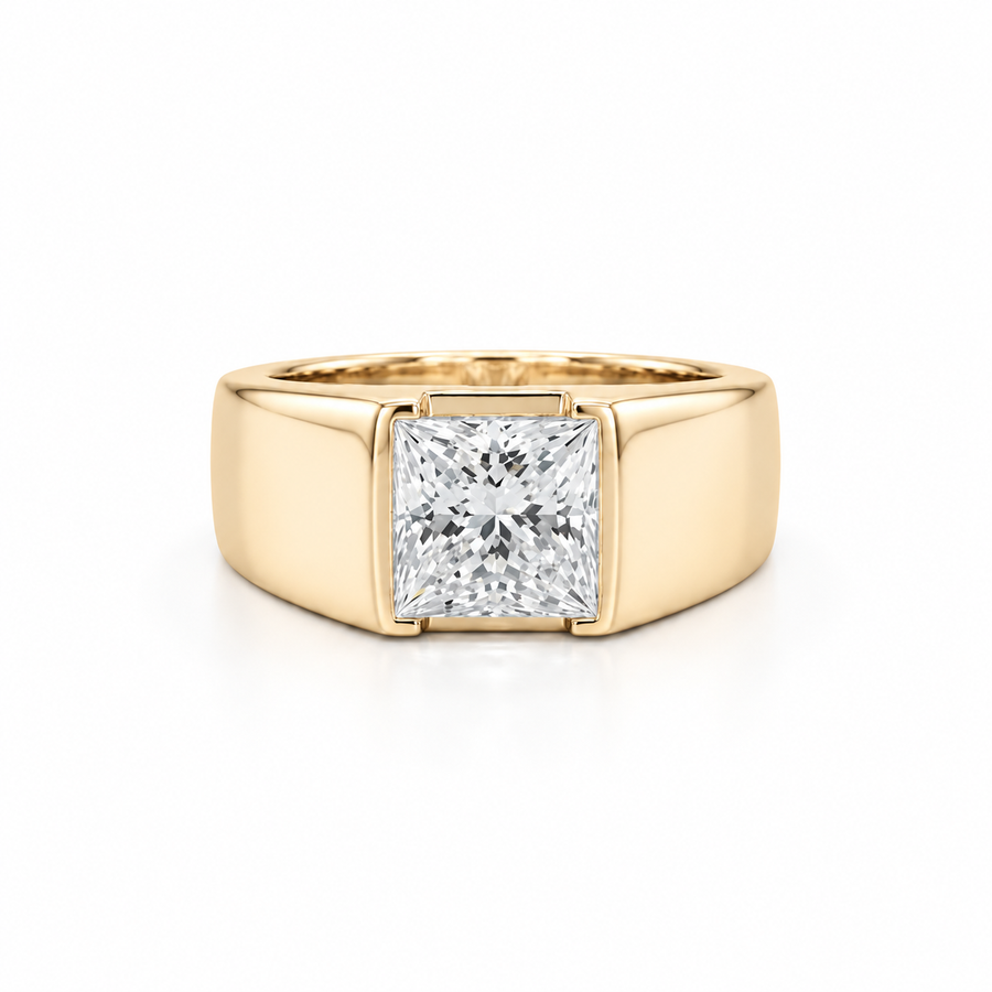 14K Gold Princess Cut Lab Diamond Men's Flush Set Ring 3.01 CTW
