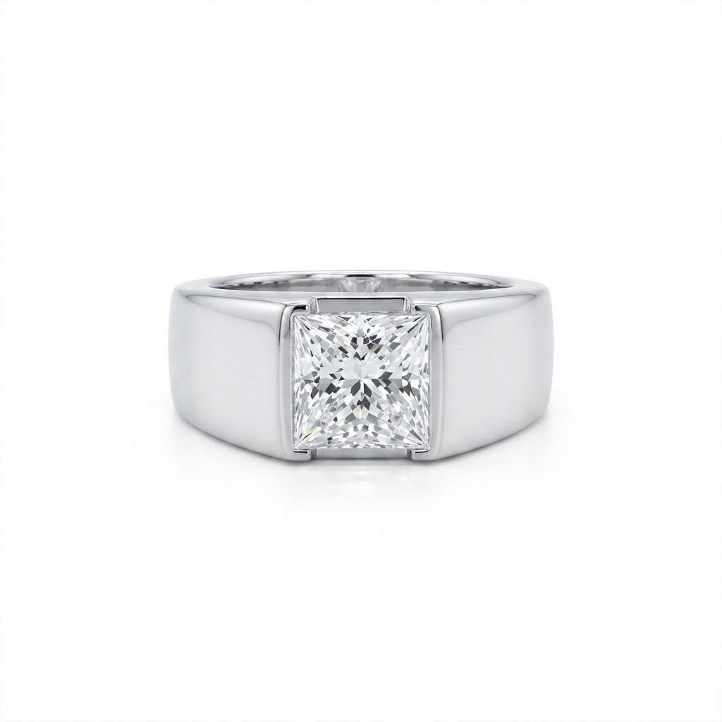 14K Gold Princess Cut Lab Diamond Men's Flush Set Ring 3.01 CTW