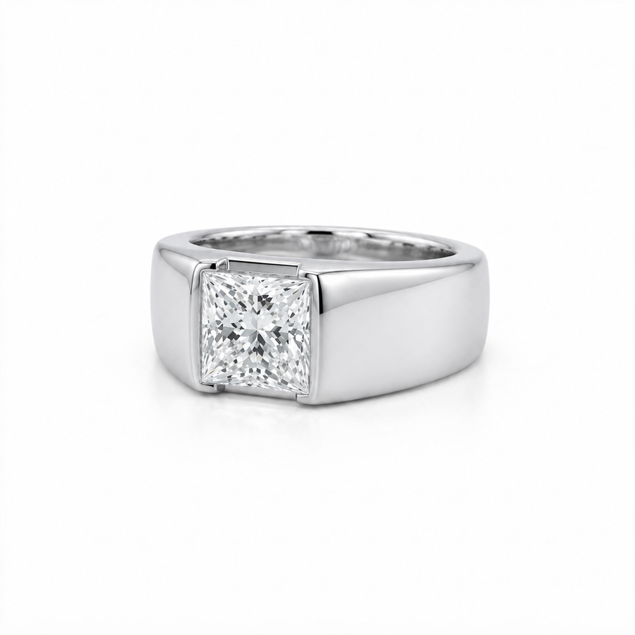 14K Gold Princess Cut Lab Diamond Men's Flush Set Ring 3.01 CTW