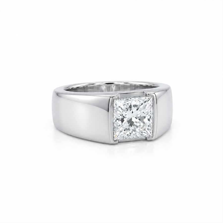 14K Gold Princess Cut Lab Diamond Men's Flush Set Ring 3.01 CTW