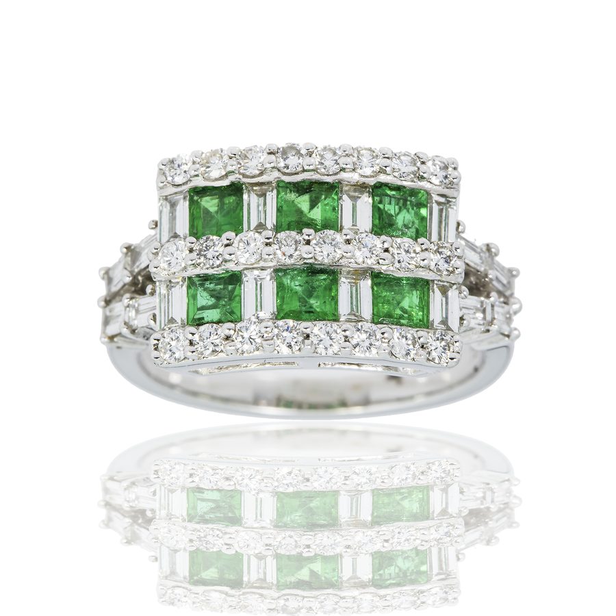 14k white gold diamond engagement ring with green princess cut